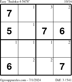 The grouppuzzles.com Easy Sudoku-4-5678 puzzle for Monday July 1, 2024 with the first 3 steps marked