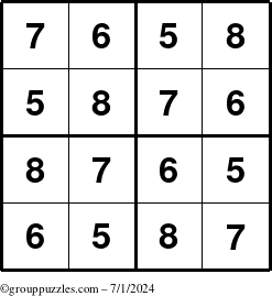 The grouppuzzles.com Answer grid for the Sudoku-4-5678 puzzle for Monday July 1, 2024