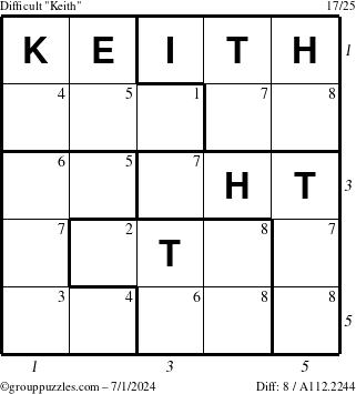 The grouppuzzles.com Difficult Keith puzzle for Monday July 1, 2024 with all 8 steps marked