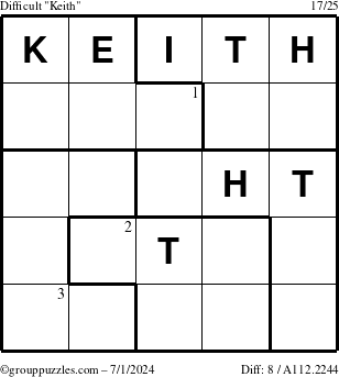 The grouppuzzles.com Difficult Keith puzzle for Monday July 1, 2024 with the first 3 steps marked