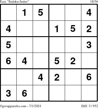 The grouppuzzles.com Easy Sudoku-Junior puzzle for Monday July 1, 2024