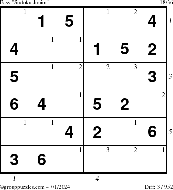 The grouppuzzles.com Easy Sudoku-Junior puzzle for Monday July 1, 2024 with all 3 steps marked