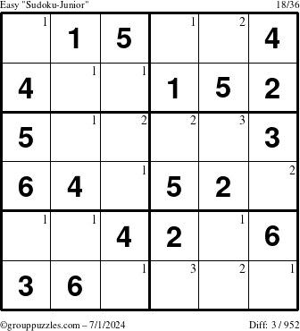 The grouppuzzles.com Easy Sudoku-Junior puzzle for Monday July 1, 2024 with the first 3 steps marked