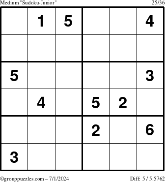 The grouppuzzles.com Medium Sudoku-Junior puzzle for Monday July 1, 2024