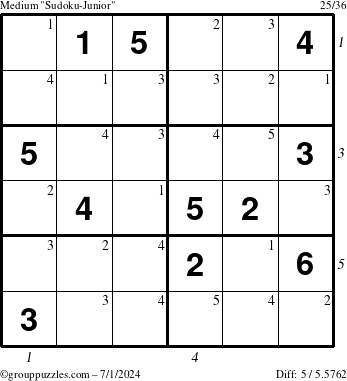 The grouppuzzles.com Medium Sudoku-Junior puzzle for Monday July 1, 2024 with all 5 steps marked