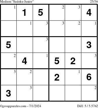 The grouppuzzles.com Medium Sudoku-Junior puzzle for Monday July 1, 2024 with the first 3 steps marked