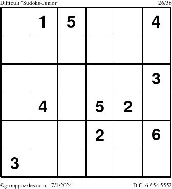 The grouppuzzles.com Difficult Sudoku-Junior puzzle for Monday July 1, 2024