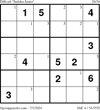 The grouppuzzles.com Difficult Sudoku-Junior puzzle for Monday July 1, 2024 with the first 3 steps marked