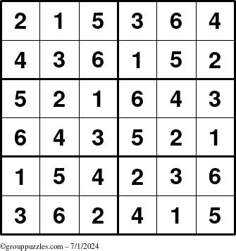 The grouppuzzles.com Answer grid for the Sudoku-Junior puzzle for Monday July 1, 2024