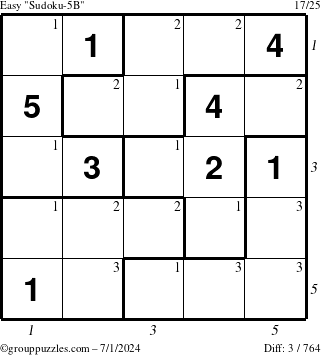 The grouppuzzles.com Easy Sudoku-5B puzzle for Monday July 1, 2024 with all 3 steps marked