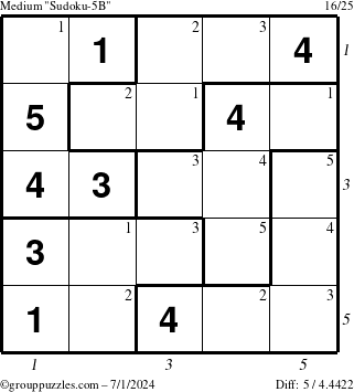 The grouppuzzles.com Medium Sudoku-5B puzzle for Monday July 1, 2024 with all 5 steps marked