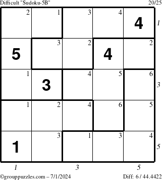 The grouppuzzles.com Difficult Sudoku-5B puzzle for Monday July 1, 2024 with all 6 steps marked