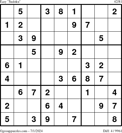 The grouppuzzles.com Easy Sudoku puzzle for Monday July 1, 2024