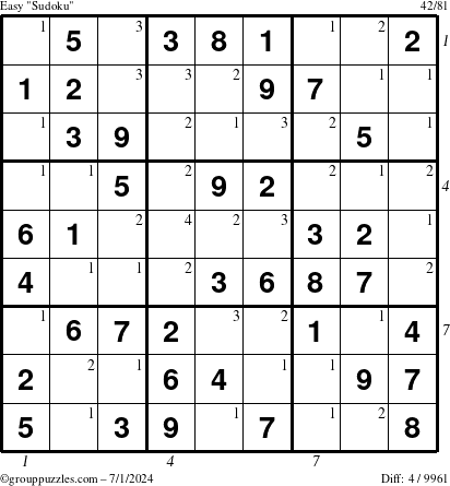 The grouppuzzles.com Easy Sudoku puzzle for Monday July 1, 2024 with all 4 steps marked