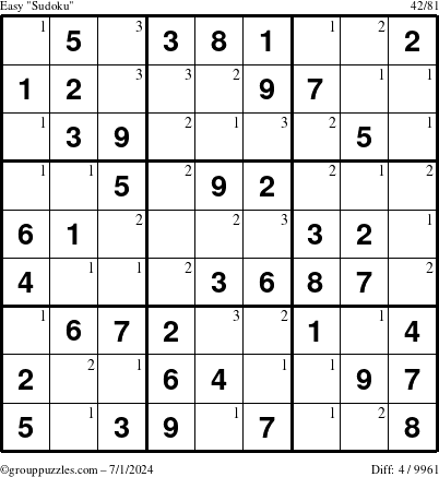 The grouppuzzles.com Easy Sudoku puzzle for Monday July 1, 2024 with the first 3 steps marked