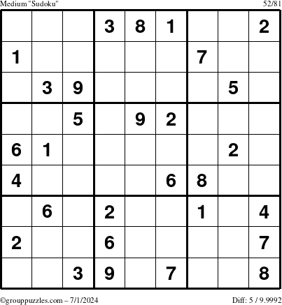 The grouppuzzles.com Medium Sudoku puzzle for Monday July 1, 2024