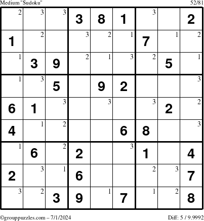 The grouppuzzles.com Medium Sudoku puzzle for Monday July 1, 2024 with the first 3 steps marked