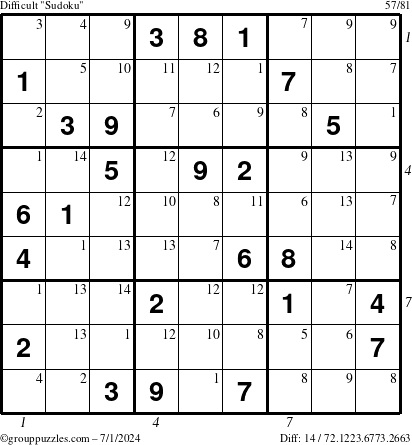 The grouppuzzles.com Difficult Sudoku puzzle for Monday July 1, 2024 with all 14 steps marked