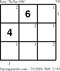 The grouppuzzles.com Easy TicTac-456 puzzle for Monday July 1, 2024 with all 2 steps marked