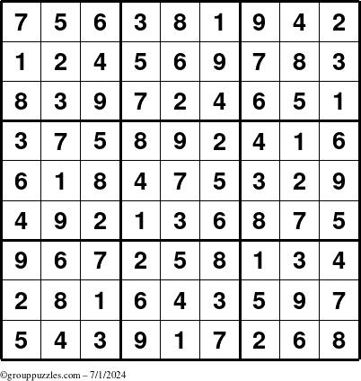 The grouppuzzles.com Answer grid for the Sudoku puzzle for Monday July 1, 2024