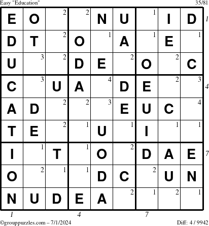 The grouppuzzles.com Easy Education-c1 puzzle for Monday July 1, 2024, suitable for printing, with all 4 steps marked